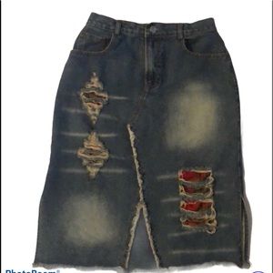Boho High Waist Raw Hem Patched Jean Skirt EUC